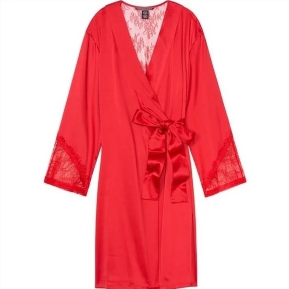 VS VICTORIA’S SECRET Red Satin Chantilly Lace Robe Valentine's Day X-Small Small - Picture 11 of 15